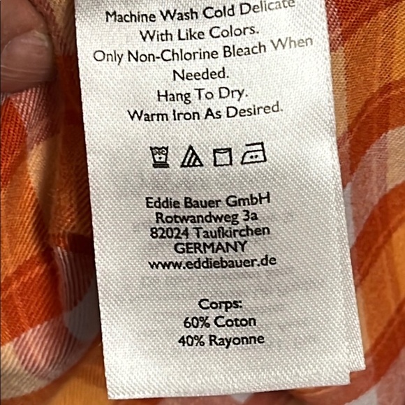 Eddie Bauer Orange white Plaid Button Up Cap Sleeve Blouse Top - Picture 6 of 8